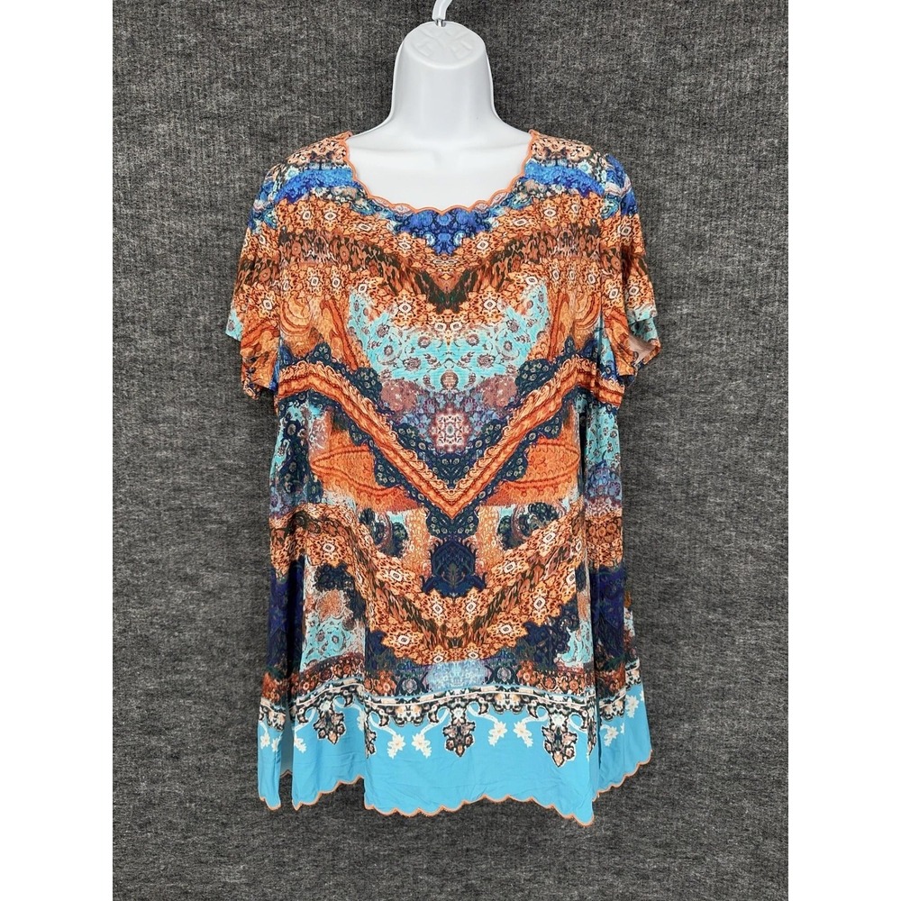 Soft Surroundings Blouse Womens XL Paisley Scoop Neck Short Sleeve Tunic‎ Top